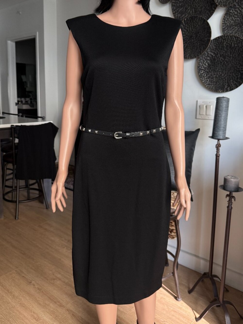 CACHÉ Black Structured Power Sheath Moto Dress | | Studded Belt | 12 | NWT